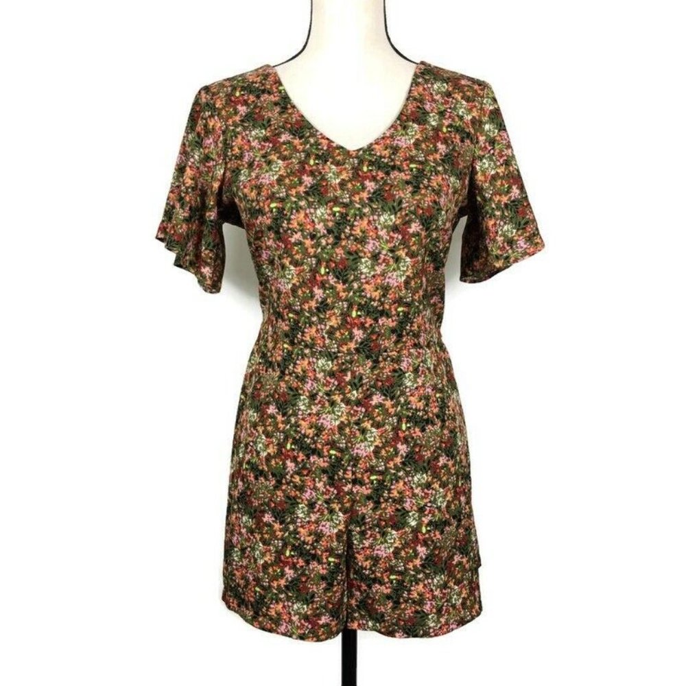 Copper Key Green Floral Romper Womens Small Tie Back